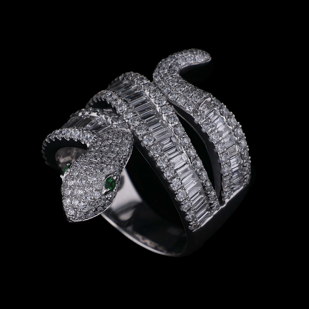 Snake Ring, 18k White Gold, 2.28 CTW Round and Baguette Diamonds | Artisan Diamond