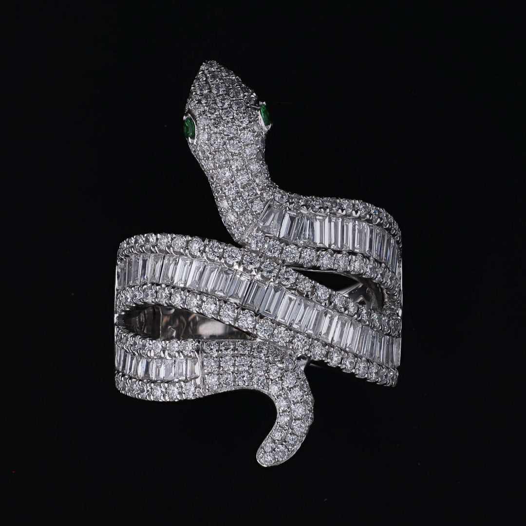 Snake Ring, 18k White Gold, 2.28 CTW Round and Baguette Diamonds | Artisan Diamond