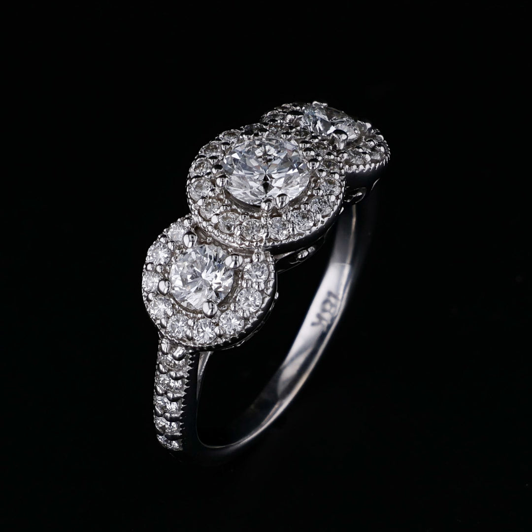 Natural Mined Diamond, 3 Stone with Halos Ring, 18k White Gold, 1.85 CTW | Artisan Diamond