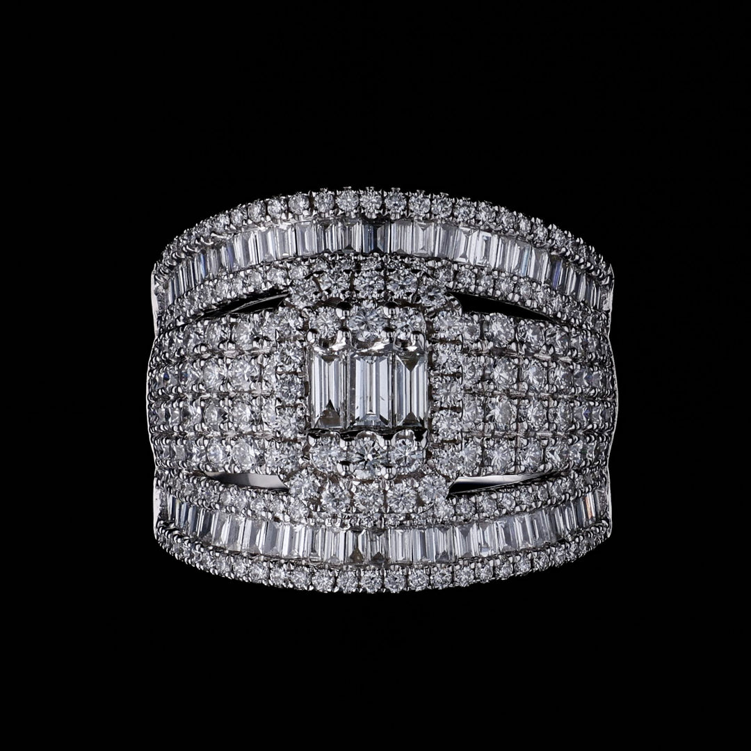 Large Natural Diamond Wide Band Ring, 14k White Gold, Round and Baguette Natural Mined Diamonds 2.16 CTW | Artisan Diamond