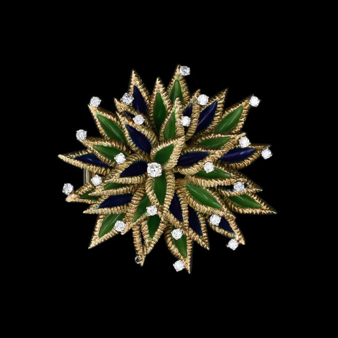 Flower Brooch - 18k Gold, Enamel and .65 Carat Natural Diamonds | Artisan Diamond